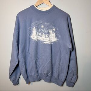 Vintage Christmas Sweatshirt Women’s L Blue Winter Snow - Beaded Snowflakes